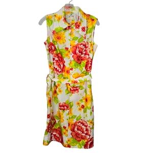 Sleeveless Floral Shirt Dress in White with Red & Yellow Blooms